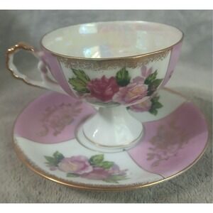 Vtg Rossini Japan Pink Rose Lusterware Footed Teacup Saucer Roses Gold Filigree